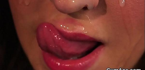  Frisky model gets cumshot on her face gulping all the cream